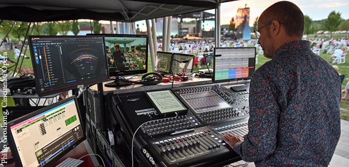 Sound designer and FOH engineer Jonathan Burke at the productions’ DiGiCo SD10 mixing console and L-ISA Controller display (upper left)