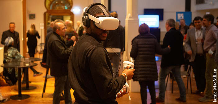 A member of the Brighton audience experiencing the festival with a VR headset, supplied by Alternative Stages. Image: Jamie MacMillan